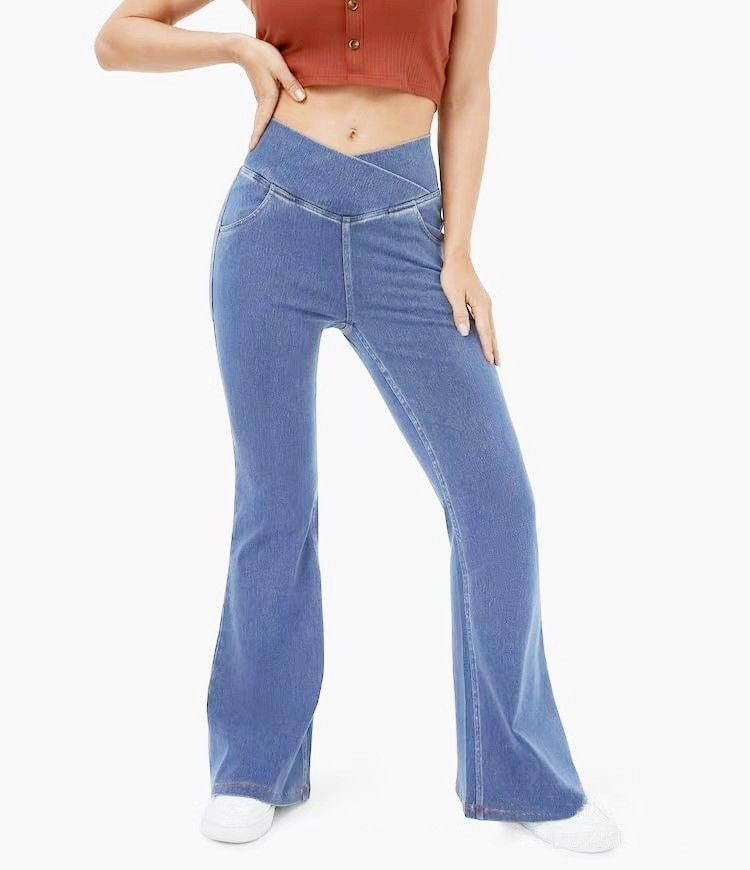 Women Cross High Waist Flare Jeans Stretchy Slim Fit Denim Pants with Pockets Casual Daily Fashion Trousers