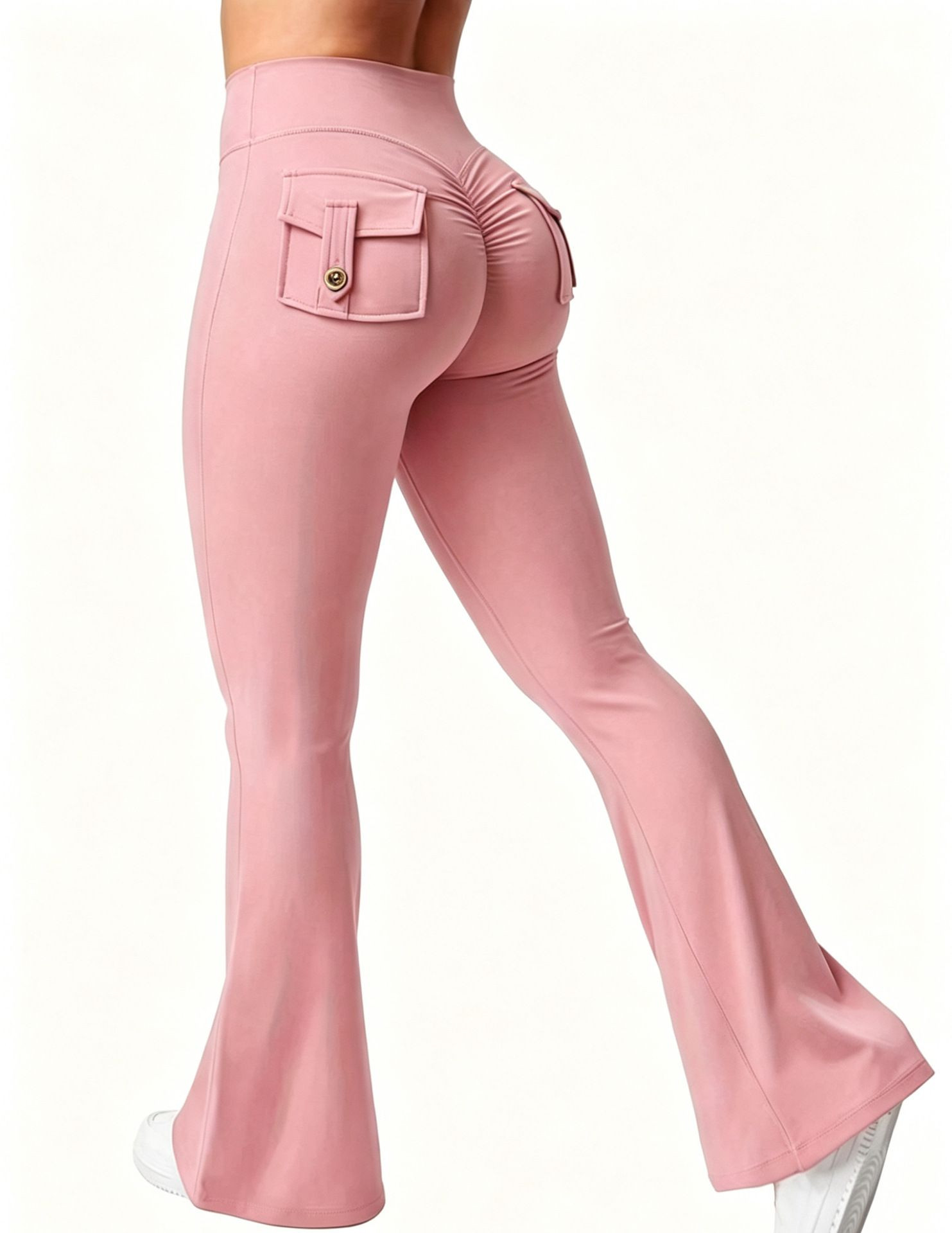 Women High Waist Flare Yoga Pants with Back Button Cargo Pockets Soft Stretch Workout Casual Sports Trousers