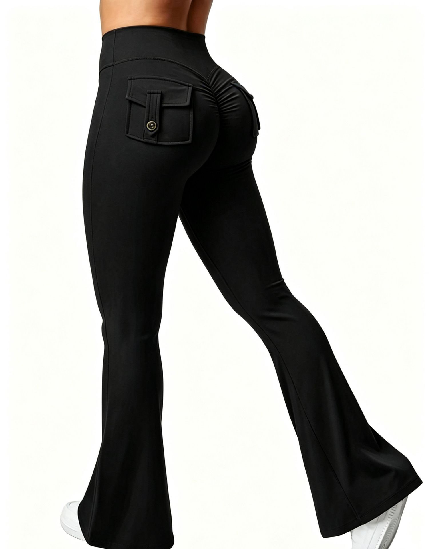 Women High Waist Flare Yoga Pants with Back Button Cargo Pockets Soft Stretch Workout Casual Sports Trousers