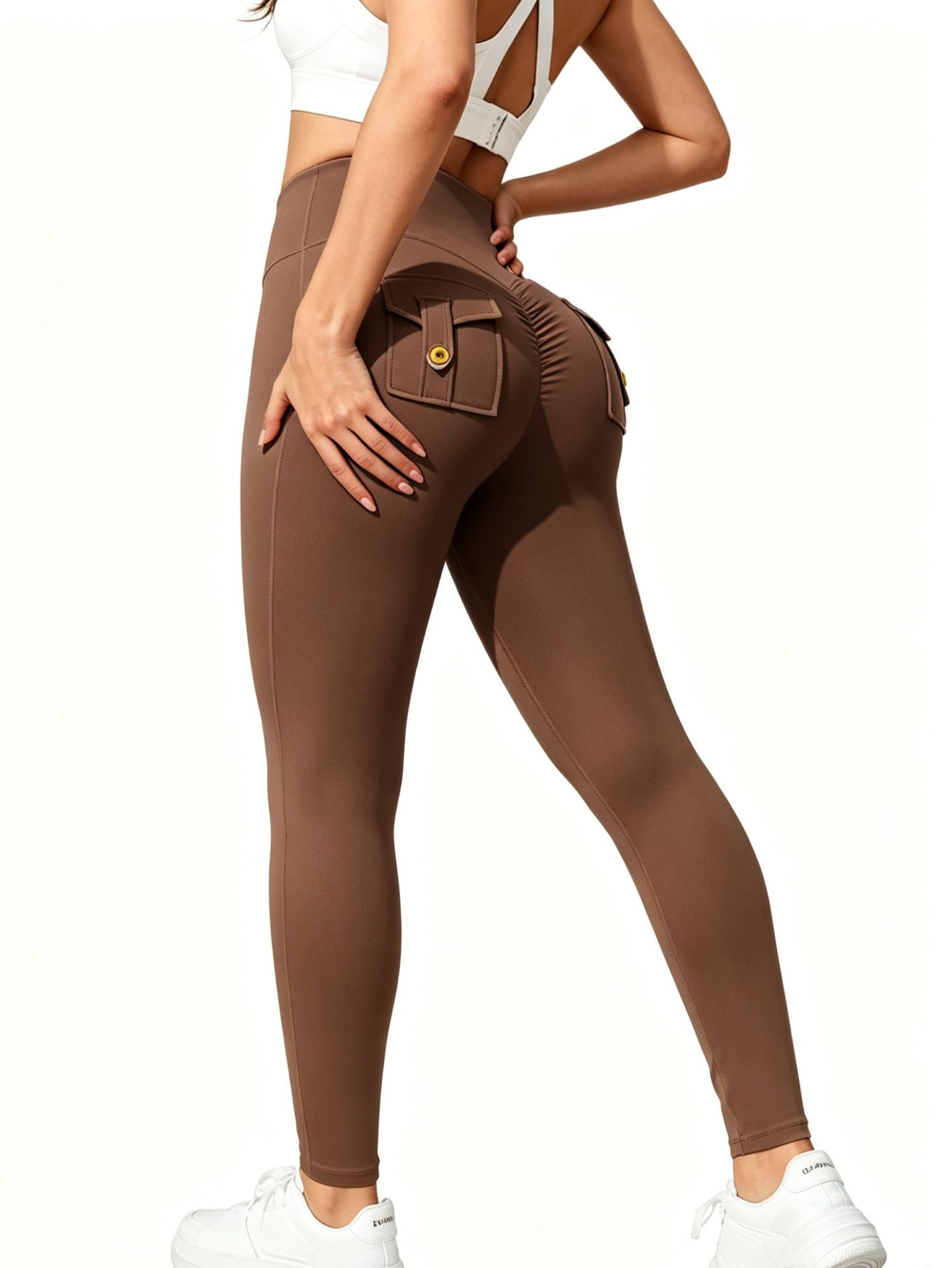 Women High Waist Ruched Yoga Leggings with Back Pockets Stretch Fitness Sports Pants