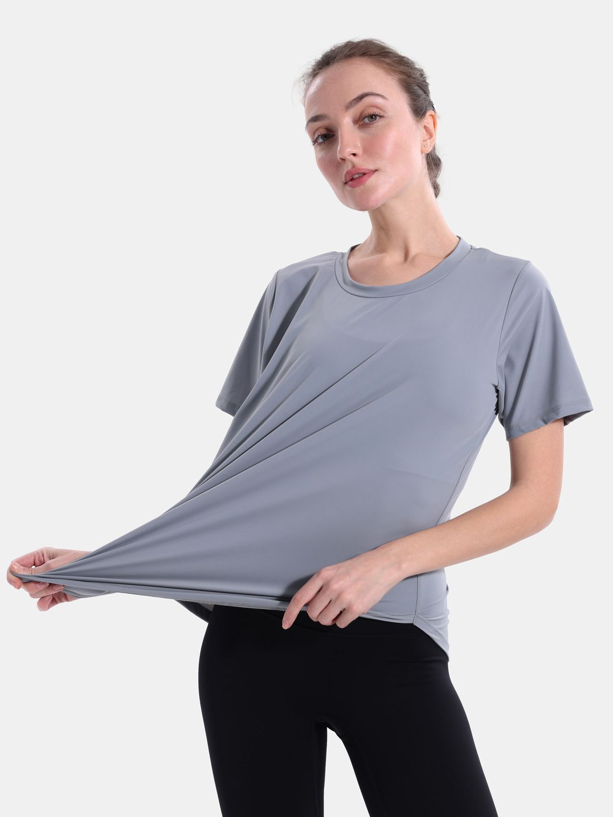Women Round Neck Loose Workout T-Shirt, Curved Hem Quick Dry Breathable Sports Top for Yoga Gym Running