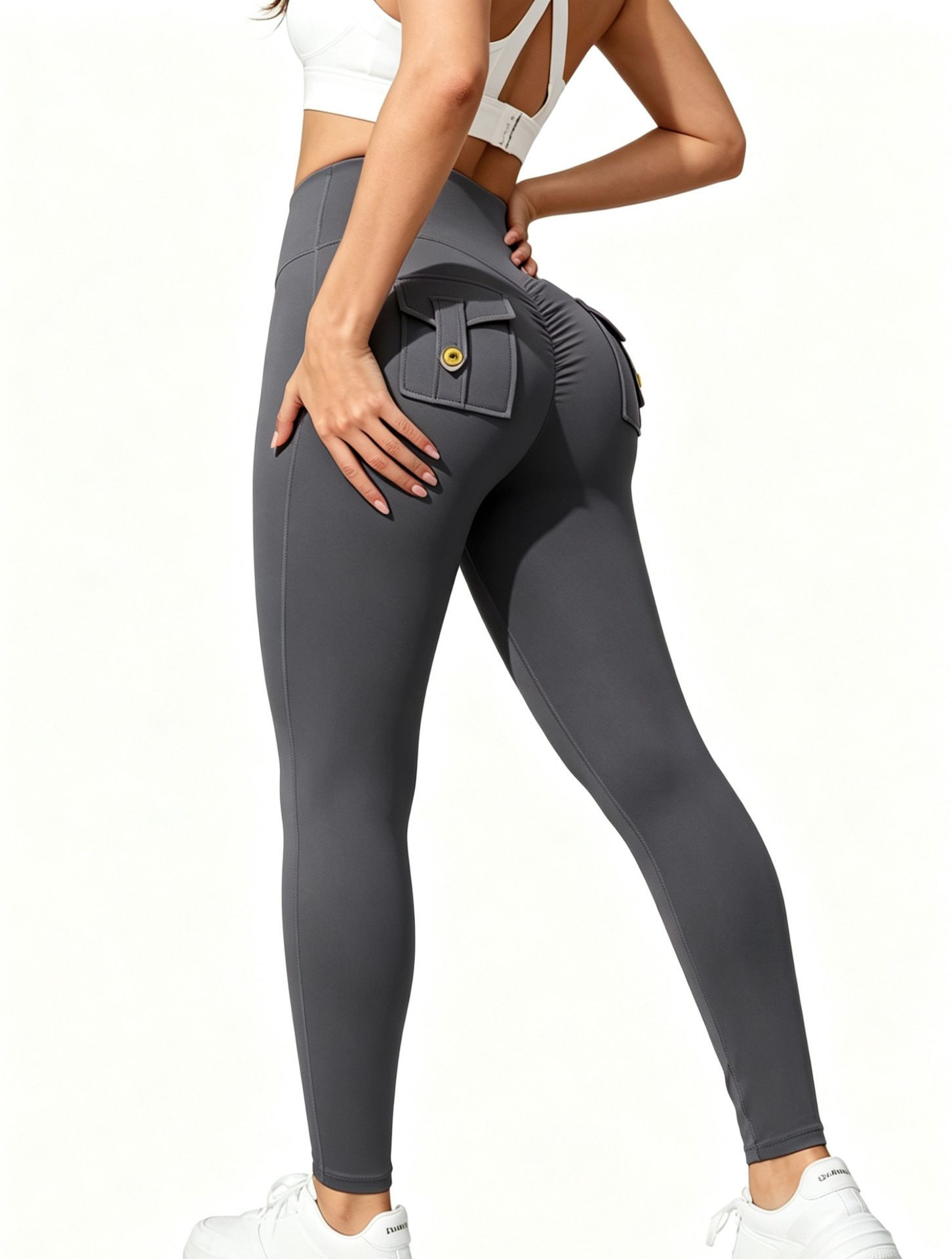 Women High Waist Ruched Yoga Leggings with Back Pockets Stretch Fitness Sports Pants