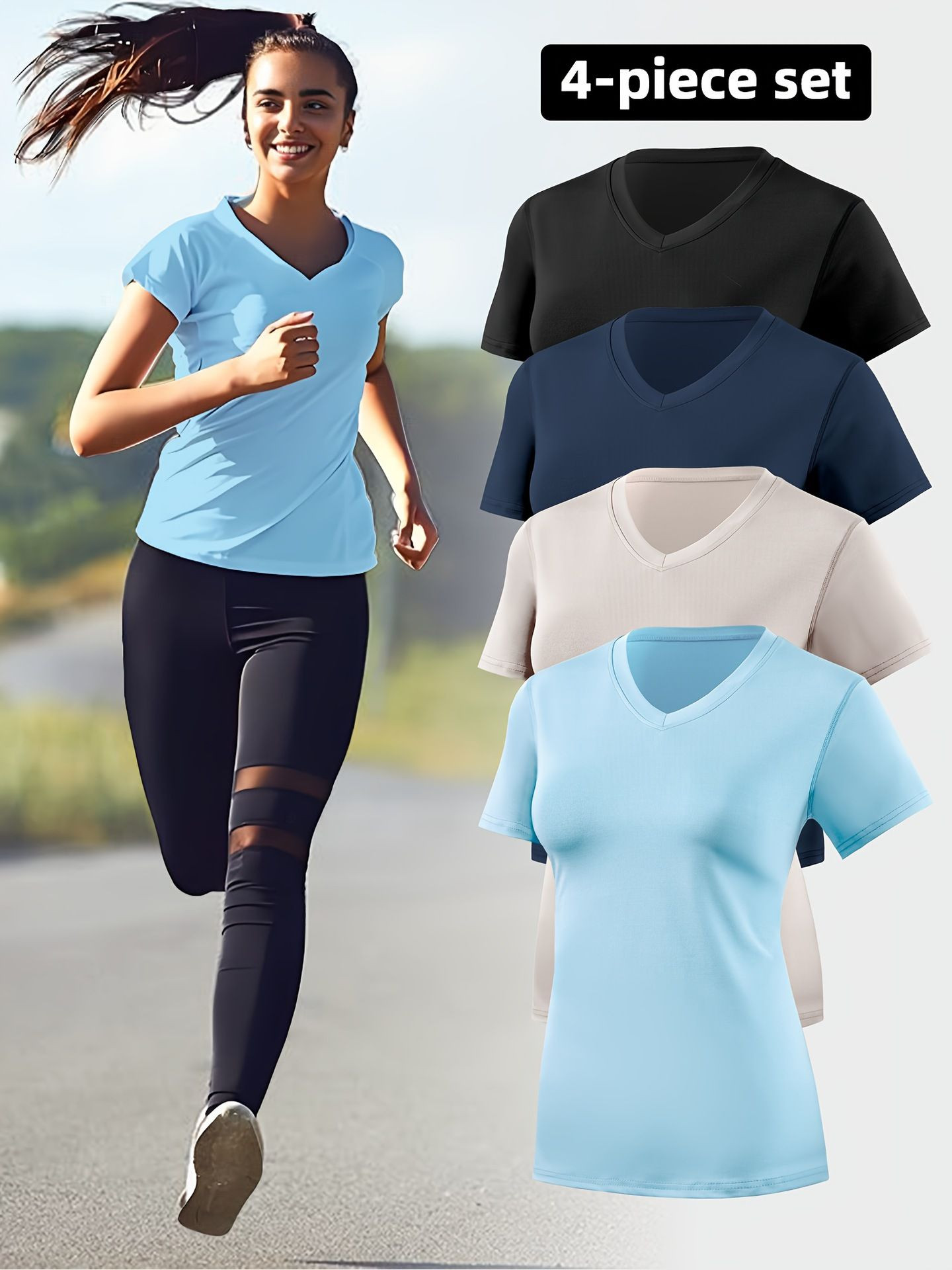 Women V-Neck Slim Fit Athletic T-Shirt, Quick Dry Breathable Stretch Sports Top for Yoga Gym Running Workout