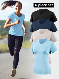 Women V-Neck Slim Fit Athletic T-Shirt, Quick Dry Breathable Stretch Sports Top for Yoga Gym Running Workout