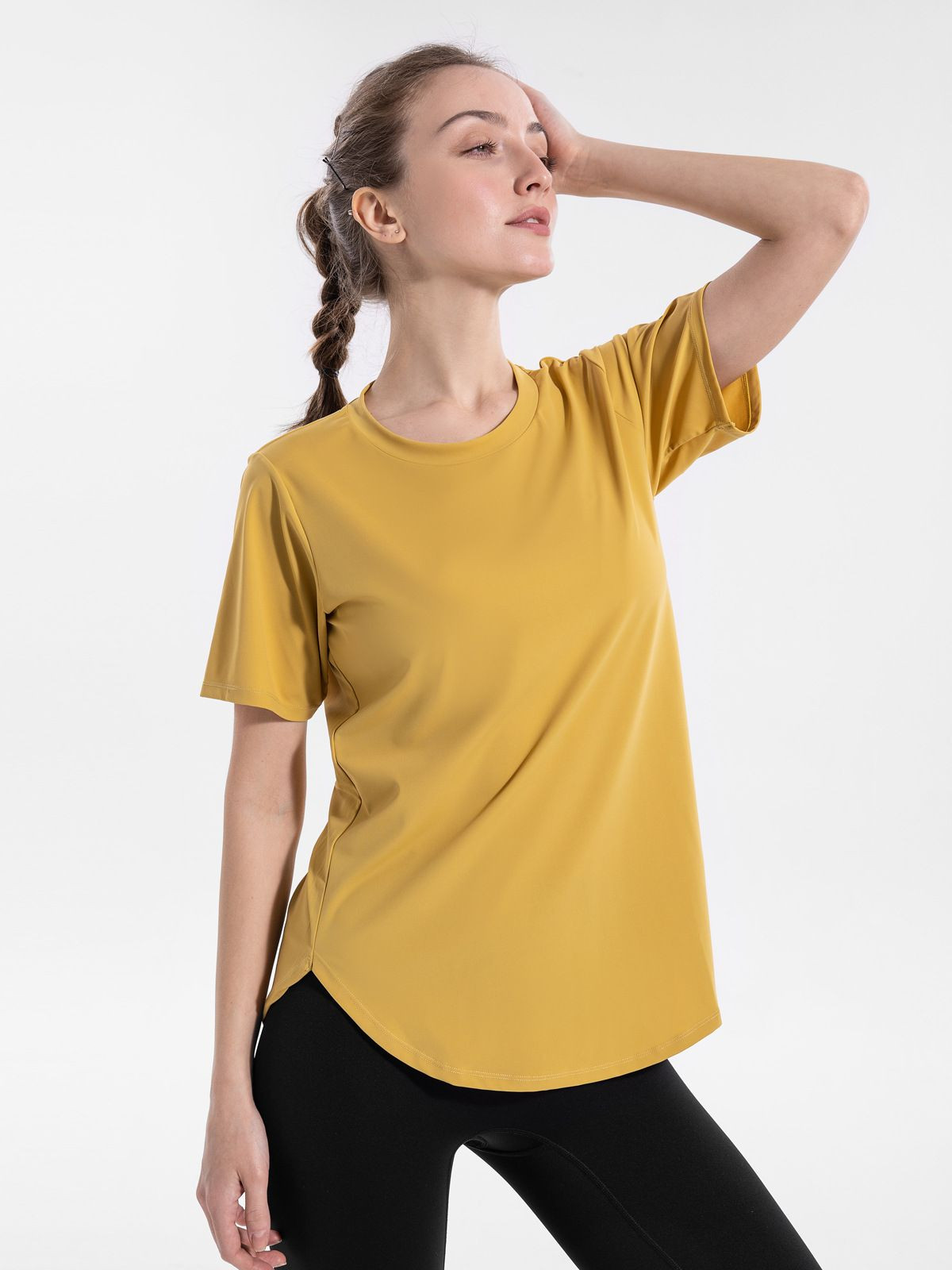Women Round Neck Loose Workout T-Shirt, Curved Hem Quick Dry Breathable Sports Top for Yoga Gym Running