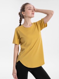 Women Round Neck Loose Workout T-Shirt, Curved Hem Quick Dry Breathable Sports Top for Yoga Gym Running