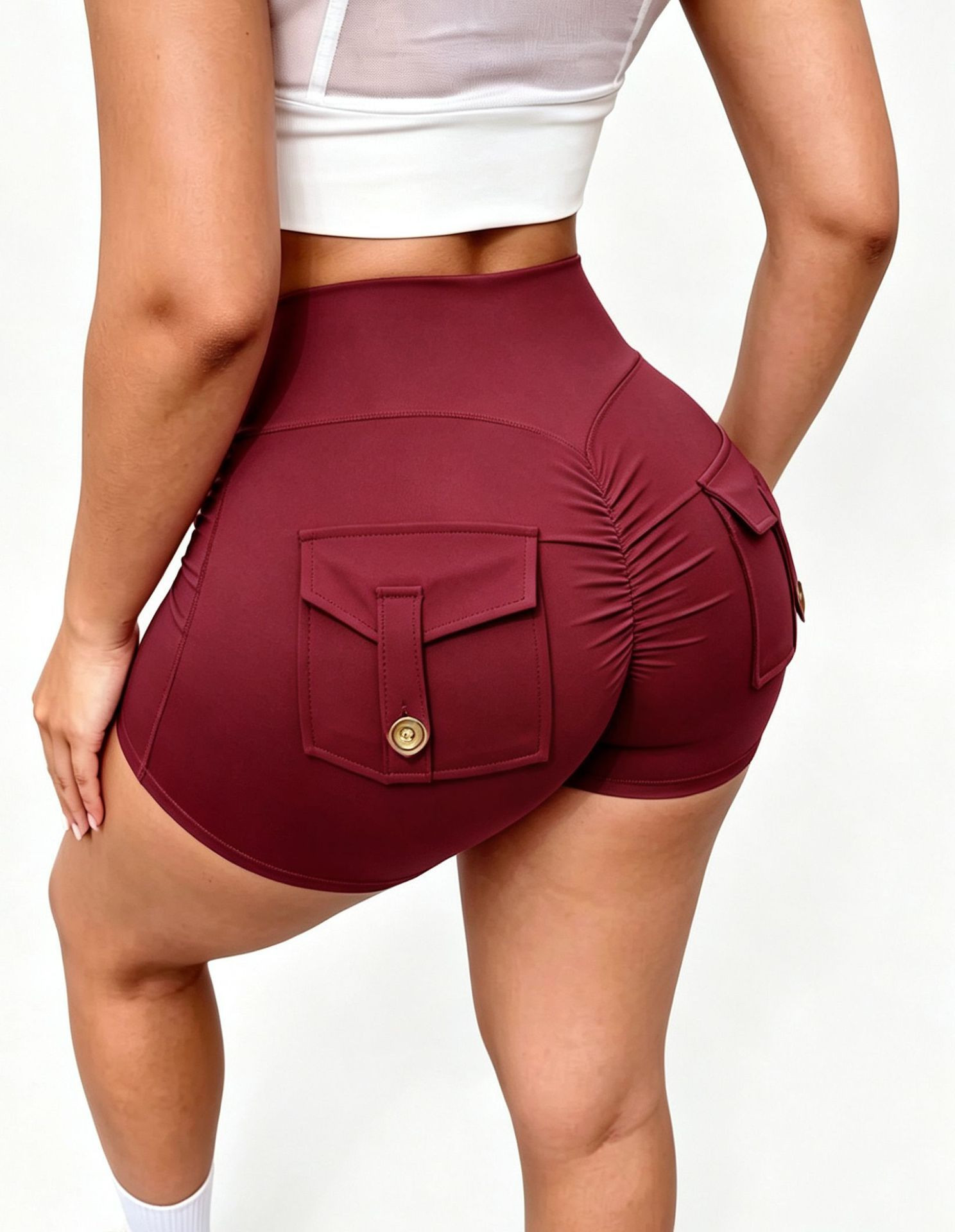Women High Waist Biker Shorts with Back Button Cargo Pockets Soft Stretch Tummy Control Fitness Workout Sports Shorts