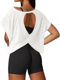 Women Heart Cutout Twist Back Yoga Short Sleeve Top, Loose Quick Dry Breathable Sports Cover Up Tee