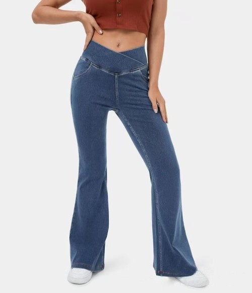 Women Cross High Waist Flare Jeans Stretchy Slim Fit Denim Pants with Pockets Casual Daily Fashion Trousers