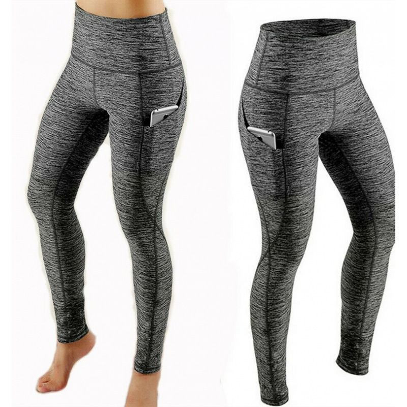 Women Heather High Waist Yoga Leggings with Side Phone Pockets Stretch Tummy Control Fitness Sports Pants