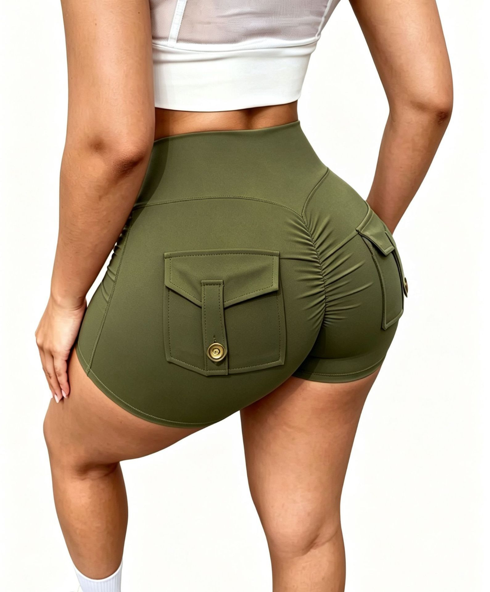 Women High Waist Biker Shorts with Back Button Cargo Pockets Soft Stretch Tummy Control Fitness Workout Sports Shorts