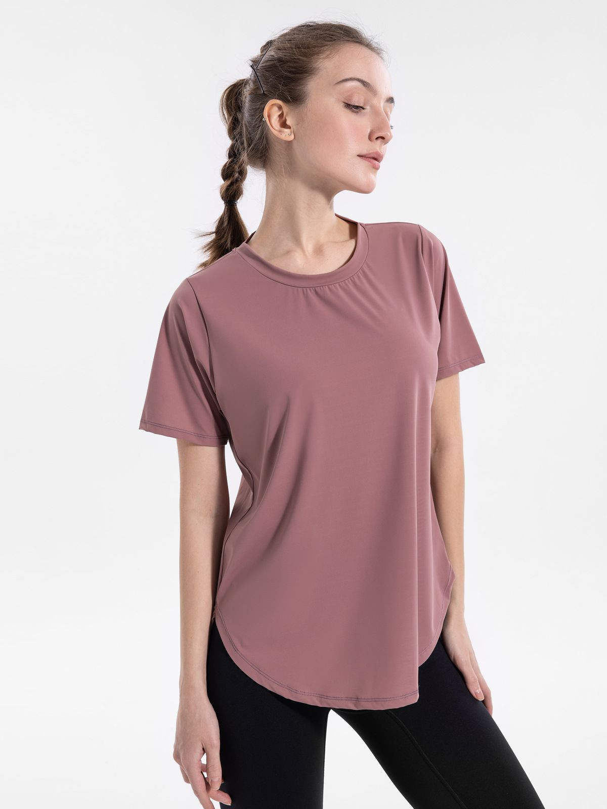 Women Round Neck Loose Workout T-Shirt, Curved Hem Quick Dry Breathable Sports Top for Yoga Gym Running