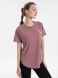 Women Round Neck Loose Workout T-Shirt, Curved Hem Quick Dry Breathable Sports Top for Yoga Gym Running