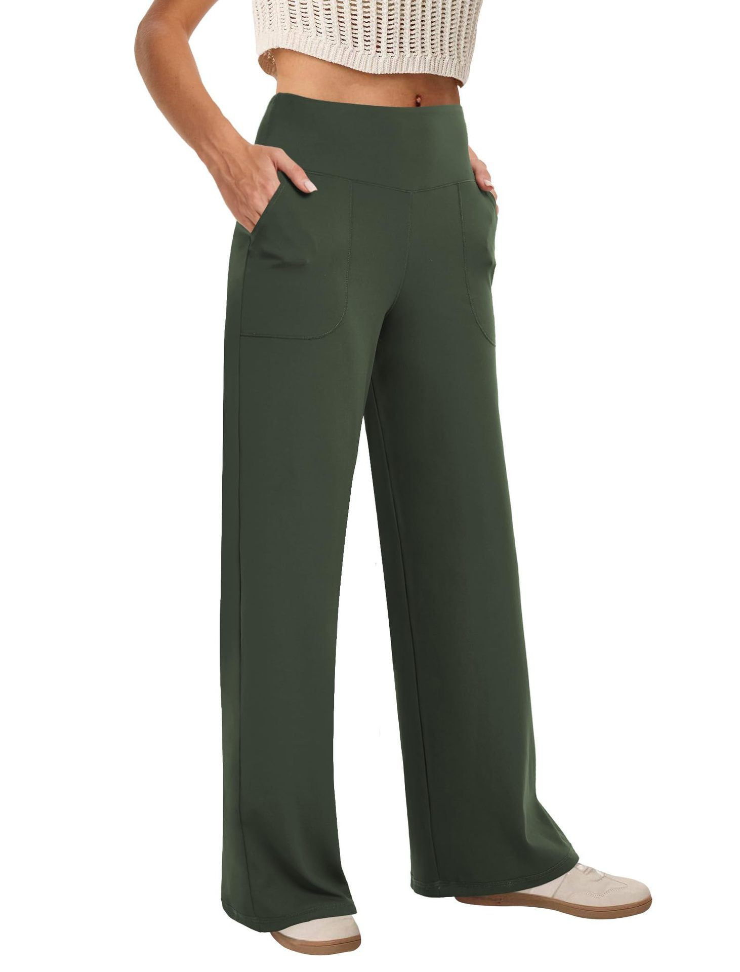 Women High Waist Wide Leg Pants with Side Pockets Soft Stretchy Breathable Casual Workout Daily Wear Trousers
